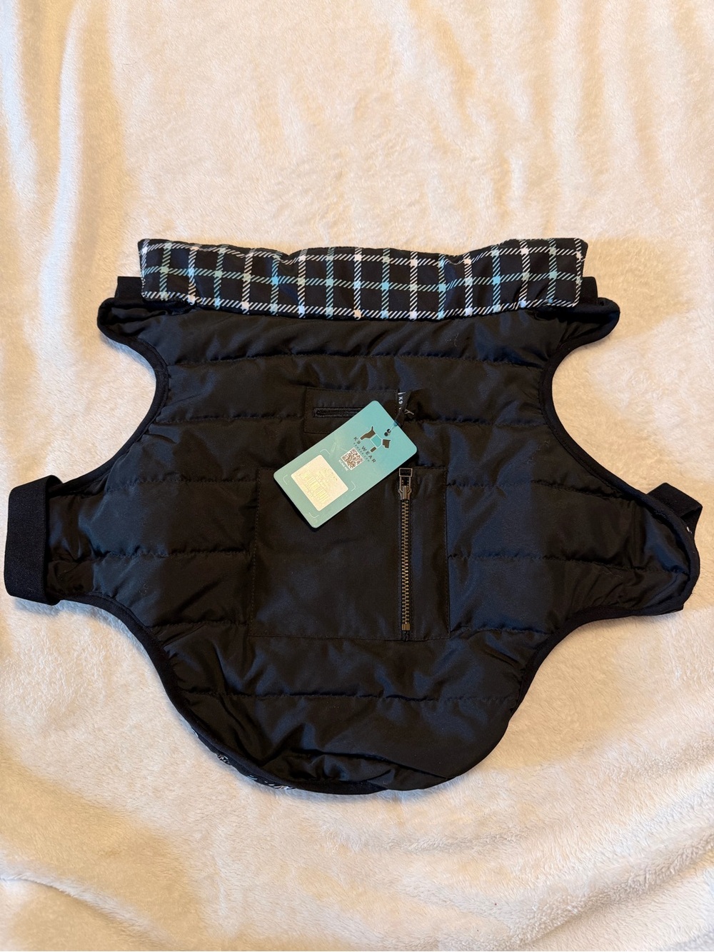 Black Quilted Dog Puffer Vest with Plaid Collar